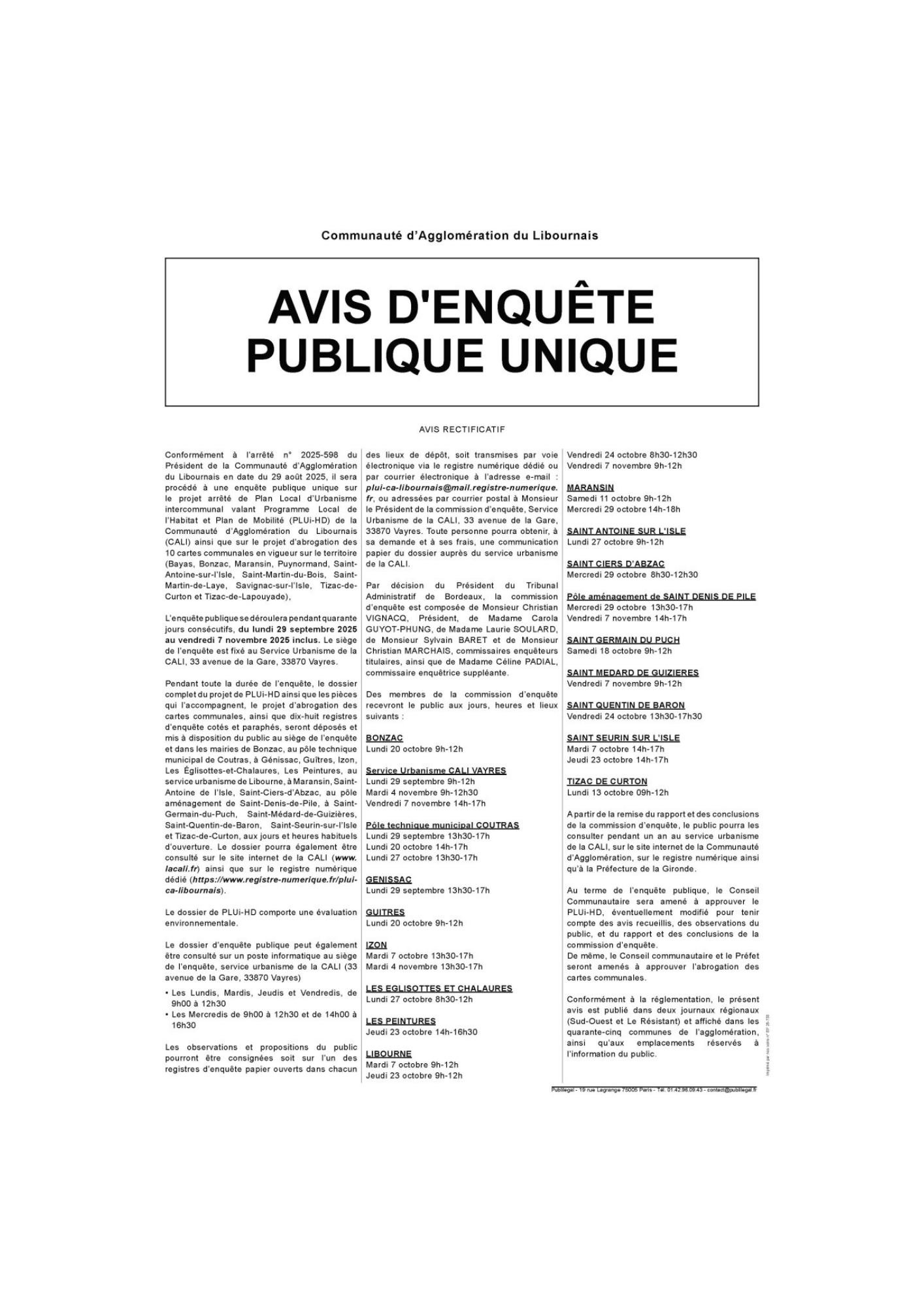 AVIS D'ENQUÊTE PUBLIQUE UNIQUE 